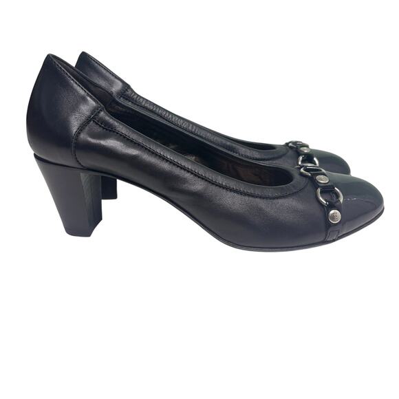 AGL Black Patent Leather Cap Toe Block Heel Pump 39.5 - Picture 3 of 10